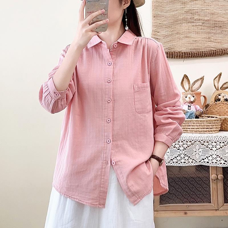Literary and casual style double-layer cotton yarn pure cotton shirt spring and autumn new Japanese simple retro versatile long-sleeved shirt women
