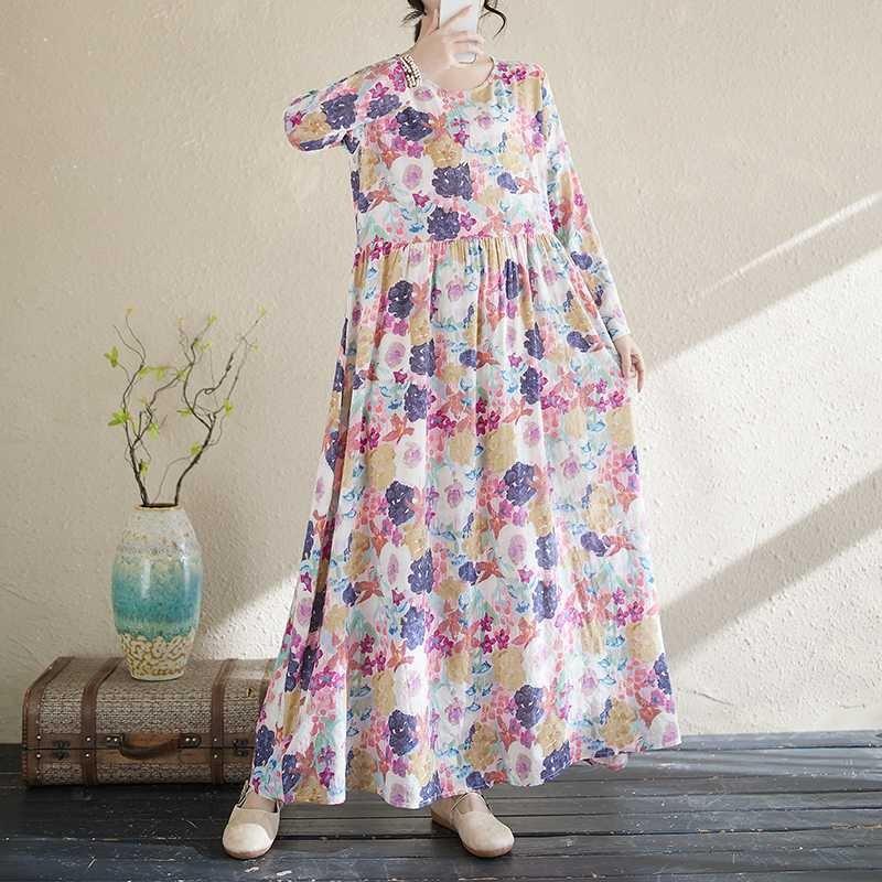 Literary Aging New Floral Vacation Style Travel Round Neck Long Sleeve Dresses