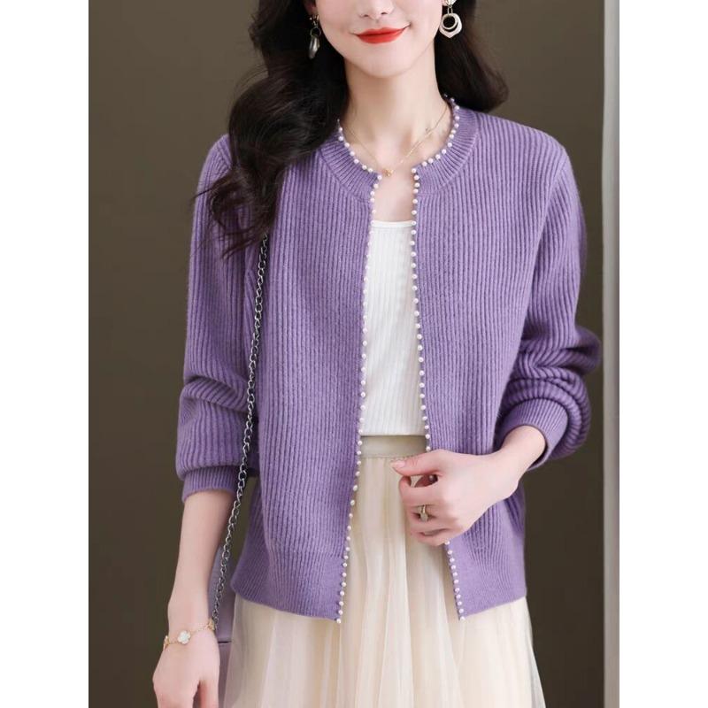 

Вязаный кардиган с круглым вырезом для женщин, короткая осенняя одежда, новый стиль, внешний стиль, свитер, куртка, универсальная для осени и зимы XL фиолетовый