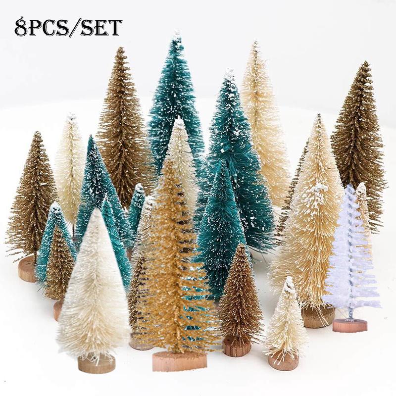Christmas 8pcs Miniature Tree Mini Pine Frosted Sisal Trees Xmas Ornaments Decor
