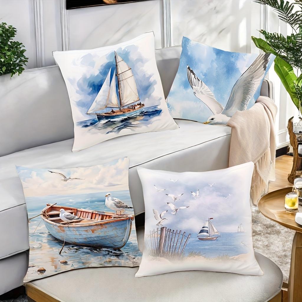 4Pcs Double-Sided Printed Throw Pillow Covers, Watercolor Sailboat, Seagull & Rowboat Print Cushion Cases, Aesthetic Home Decor