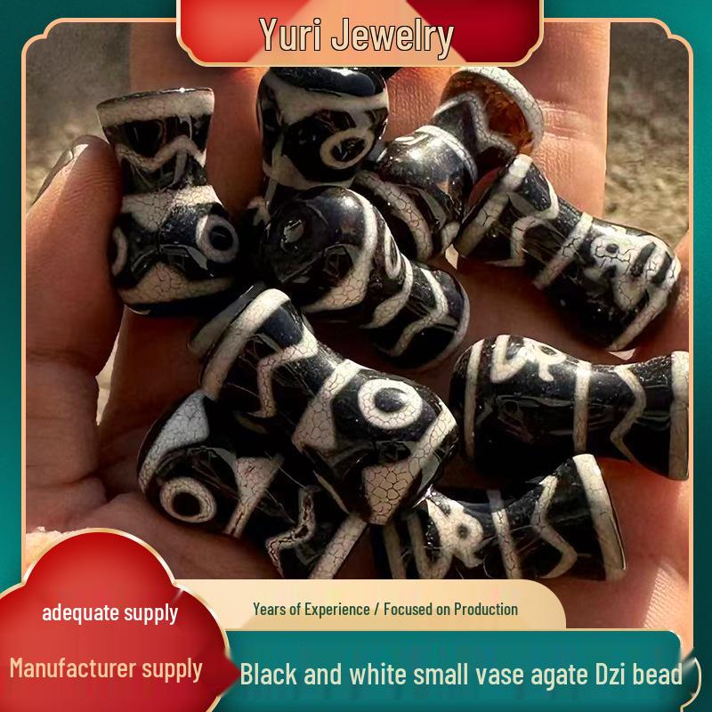 Glossy Black and White Small Vase with Agate Dzi Three-Eyed God of Wealth Design, 25mm Double Hole