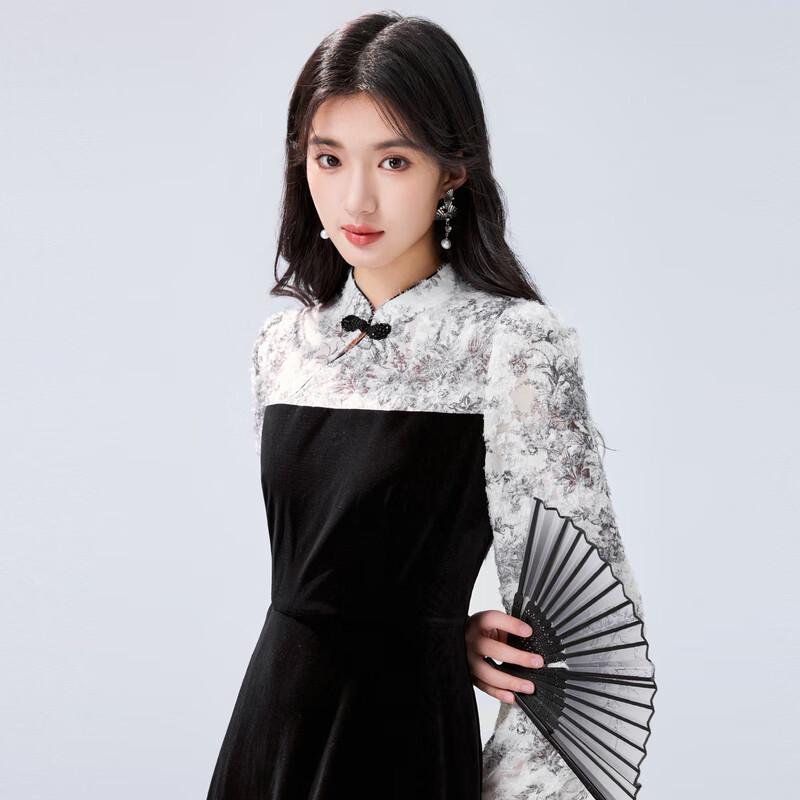 

Qiusui Yiren New Chinese Style Patchwork A-Line Little Black Dress S