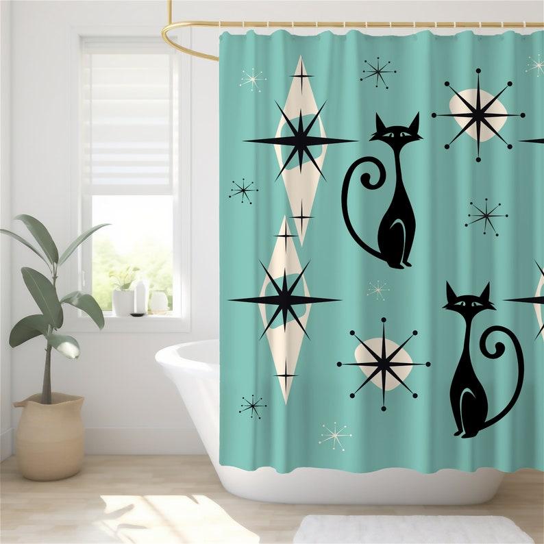 Atomic Cat Mid-Century Modern Shower Curtain – Retro Aesthetic Bathroom Decor, MCM Cat Lover Gift