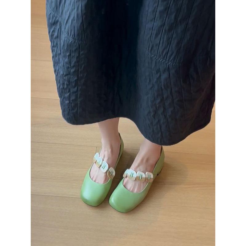 Sheepskin Version~ Genuine Leather Retro Mary Jane Shoes Women's Round Head Versatile Commuter Gold Buckle Shoes Shoes Light Mouth Small Leather Shoes