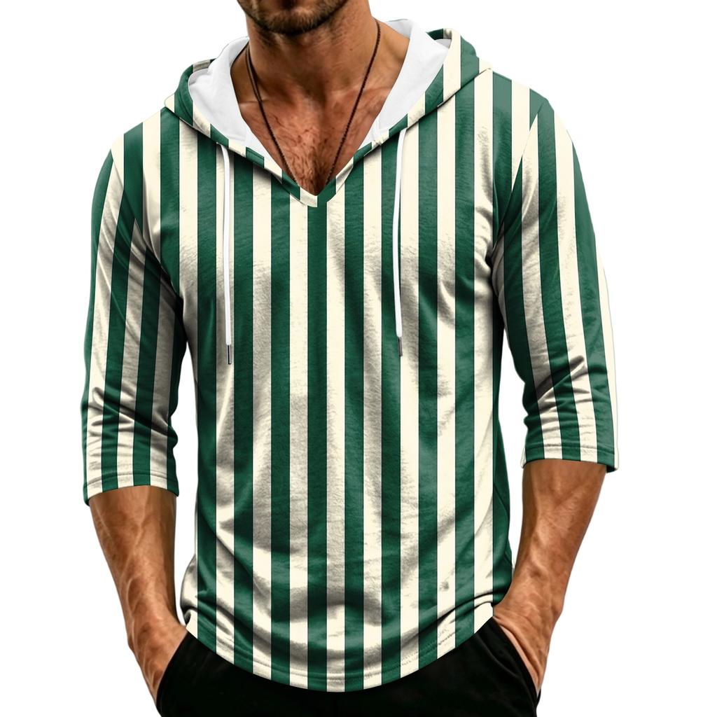 Men's Casual Hooded Striped Three-Quarter Sleeve T-Shirt