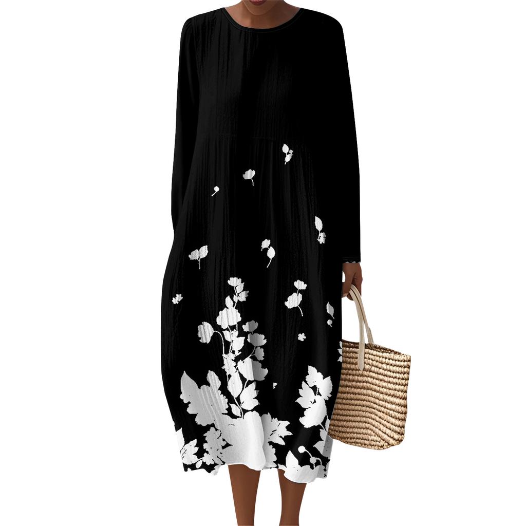 Women's Fashionable Casual Long-Sleeved Round Neck Floral Print Zipper Dress