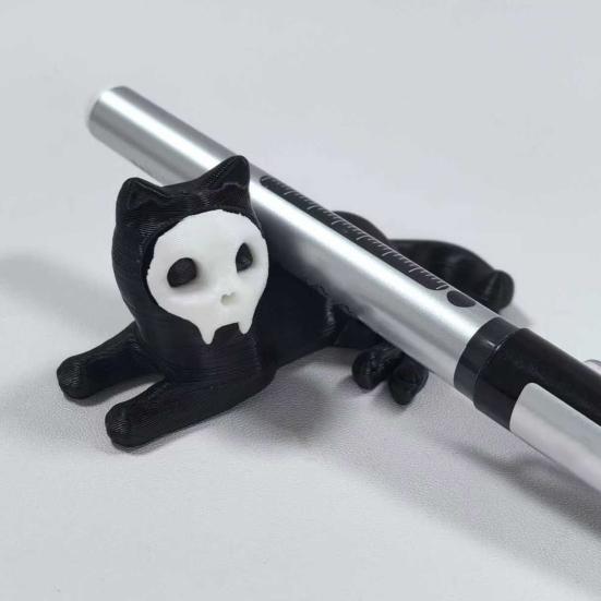 Cat Pen Holder 3D Printed Black Cat Ornament Cat Figurine with Detachable Skull Mask for Home Office Desk Halloween Decoration