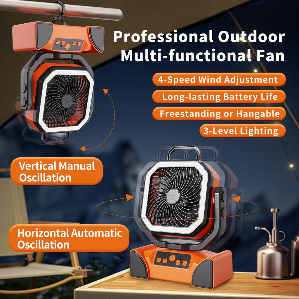 40000mAh Rechargeable Camping Fan with LED Light Remote Control 4 Speeds Timer Hanging Hook Portable Outdoor Tent Fan