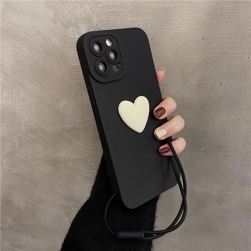 Korea Cute 3d Black Love Heart Bracelet Phone Case For Iphone 13 12 11 Pro Xs Max X Xr 7 8 Plus Se2022 Simple Soft Back Cover