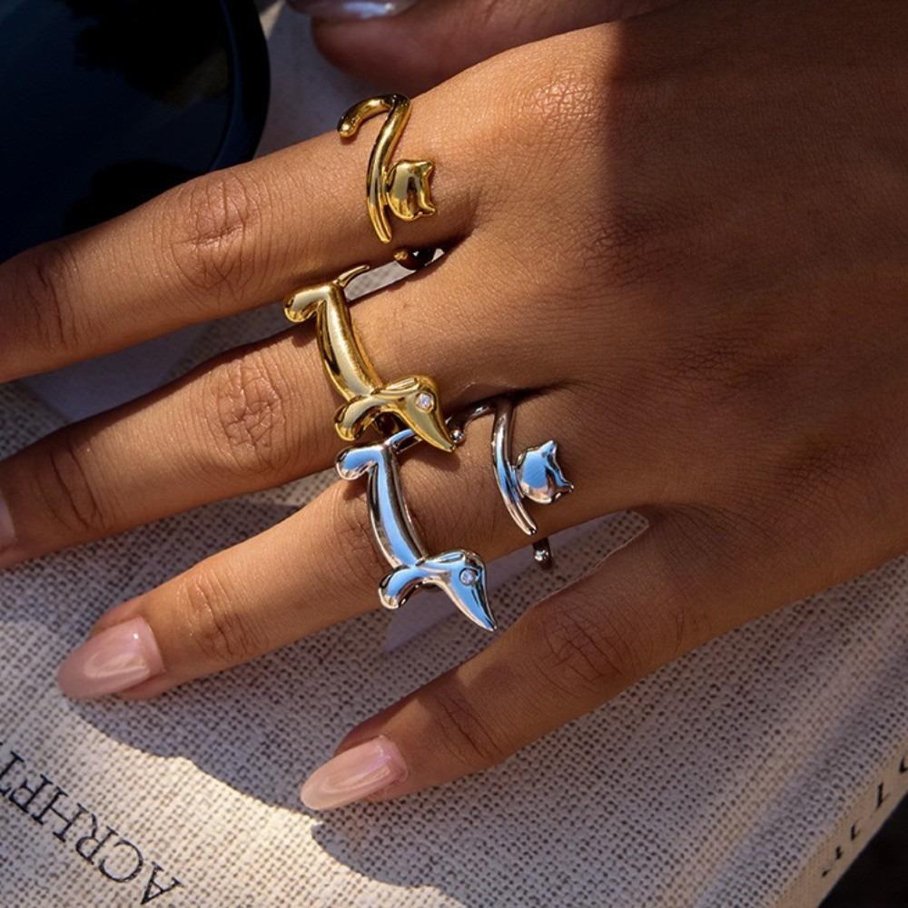 Creative Cartoon Dog Ring Cat Lines Opening Ring Hip Hop Stainless Steel Women Jewelry Party