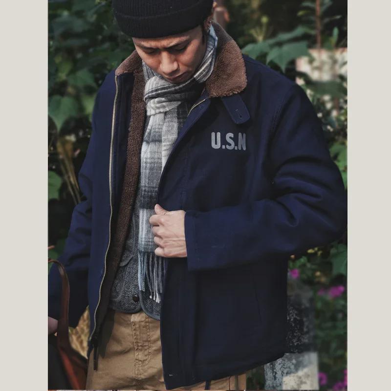 Amei Khaki N1 Deck Suit Men's Retro Lambskin Cotton Coat with Velvet Lining