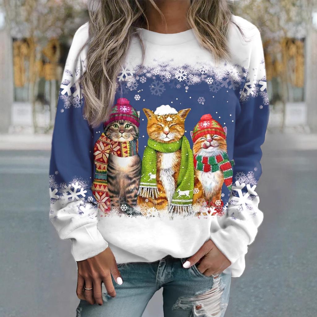 Top alla moda casual a manica lunga da donna, con scollo rotondo e stampa 3D a motivo di gatto, per Primavera e Autunno