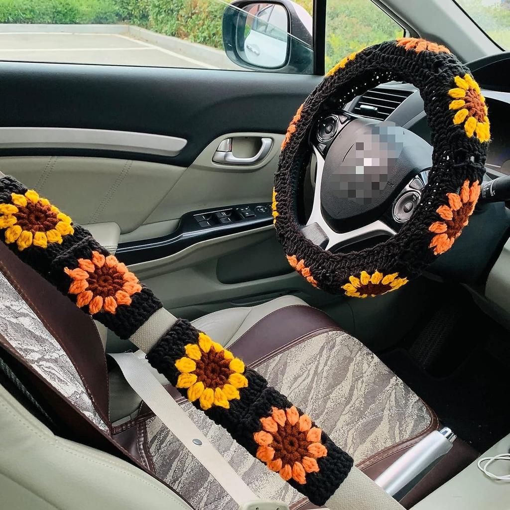 Car Steering Wheel Cover Warm  Anti Slip Grip Seat Belt Safe Hand Crocheted Flower Design for Stylish Car Decor Winter Simple