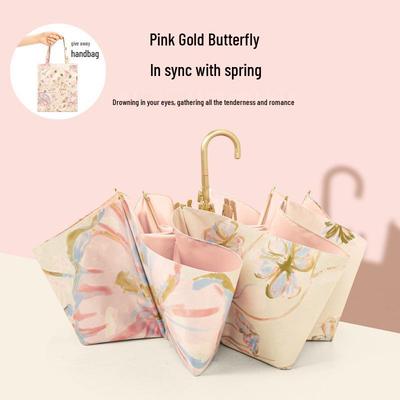 Gold Curved Hook Sunshade Sun & Rain Anti-UV Folding Umbrella for Women