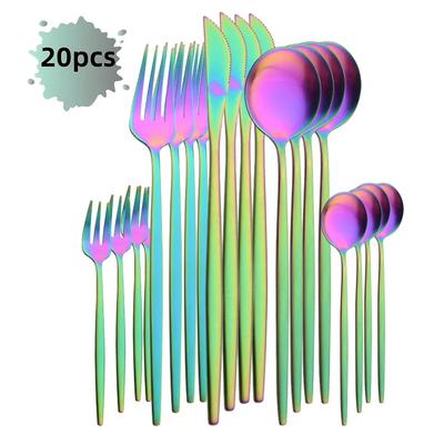 20Pcs Luxury Matte Flatware Set Kitchen Stainless Steel Tableware Set Hotel Dinnerware Set Rainbow Cutlery Set Gift Korean Spoon