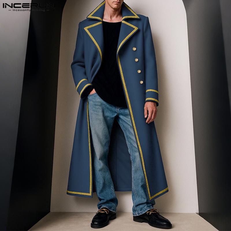 INCERUN Winter Men Lapel Neck Long Sleeve Stitching Open Front Long Woolen Cardigan Coats