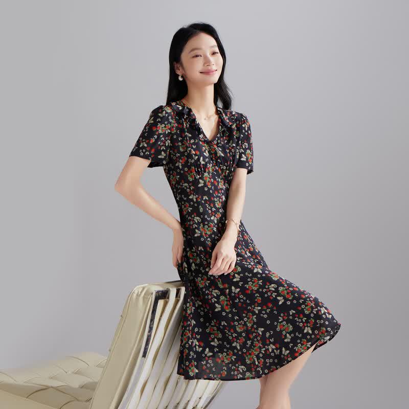 SOFSIL French V-Neck Floral Midi Silk Dress M