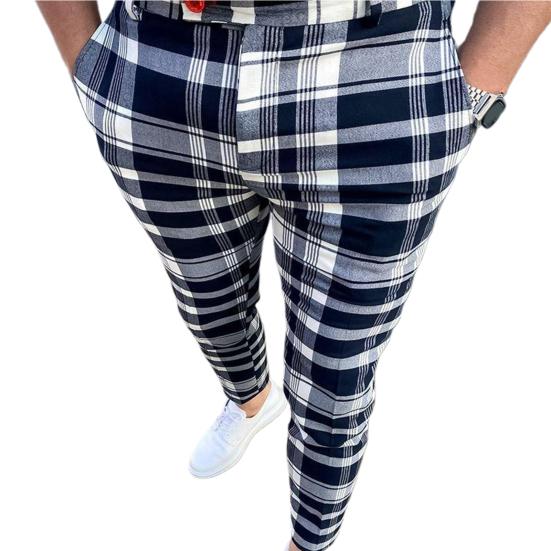

Men Pants Plaid Mid Waist Slim Fit Wear-resistant Spring Pants for Work L