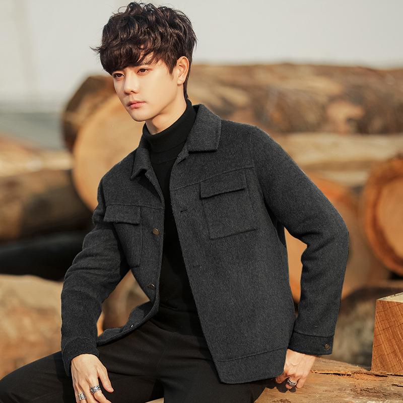 

Мужская шерстяная куртка, куртка осень-зима, корейская версия, облегающая, модная, двухсторонняя, шерстяная, мужская, повседневная, короткая L