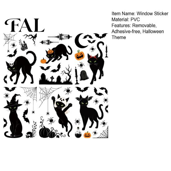 Indoor Seasonal Glass Art 6 Sheets/Set Black Cat Window Stickers, Adhesive Free Static Clings, No Residue Holiday Decorations Halloween Bat