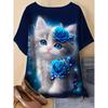 Blue Rose White Cat Printed T-shirt for Women