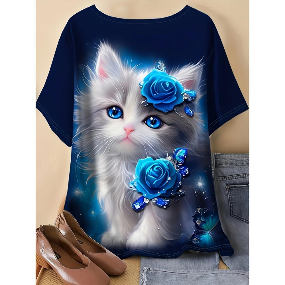 Blue Rose White Cat Printed T-shirt for Women