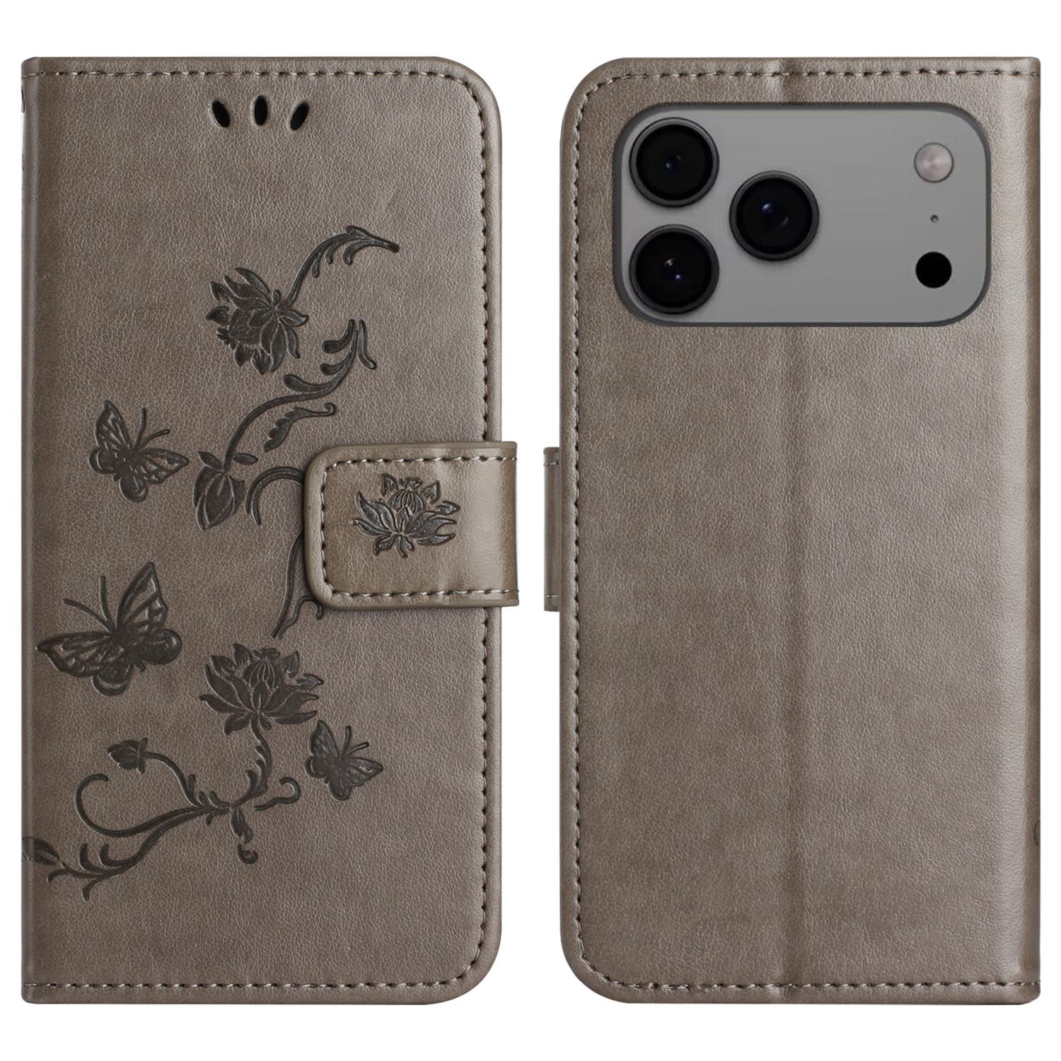 

For iPhone 17 Pro Max Case Wallet Stand Imprinted Butterfly Flower PU Leather Phone Cover Grey