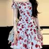 Holiday white retro red floral dress waist spring and summer new beautiful spice girl slim small flying sleeve skirt
