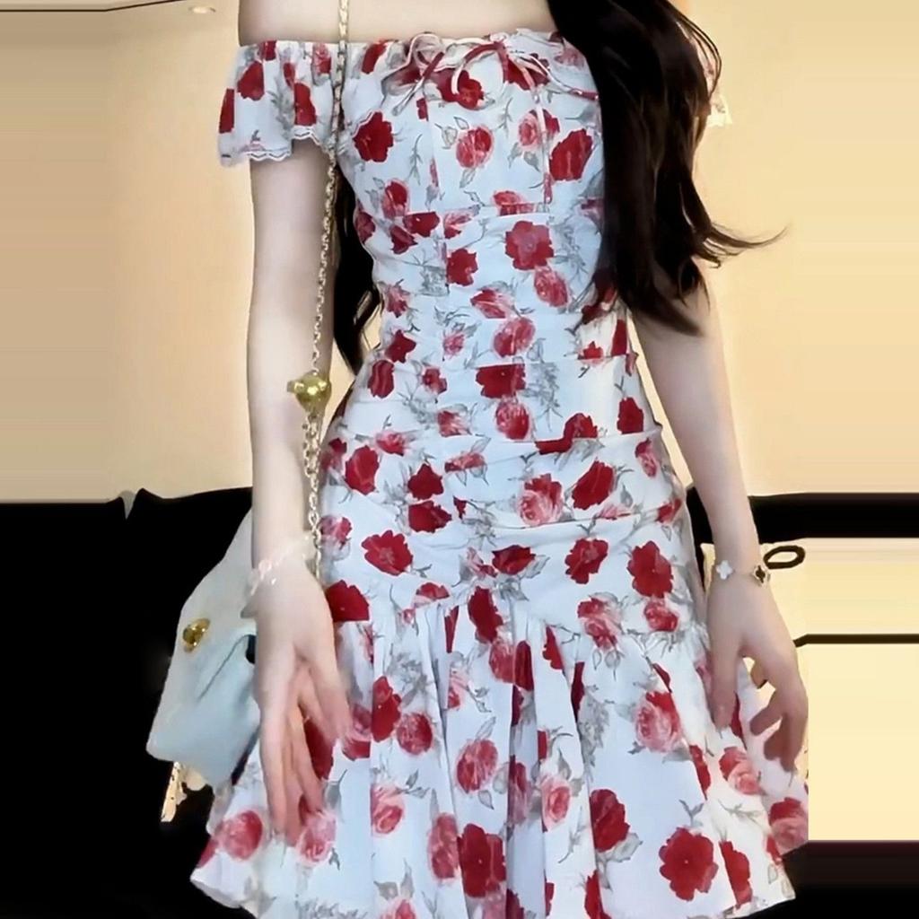 Holiday white retro red floral dress waist spring and summer new beautiful spice girl slim small flying sleeve skirt