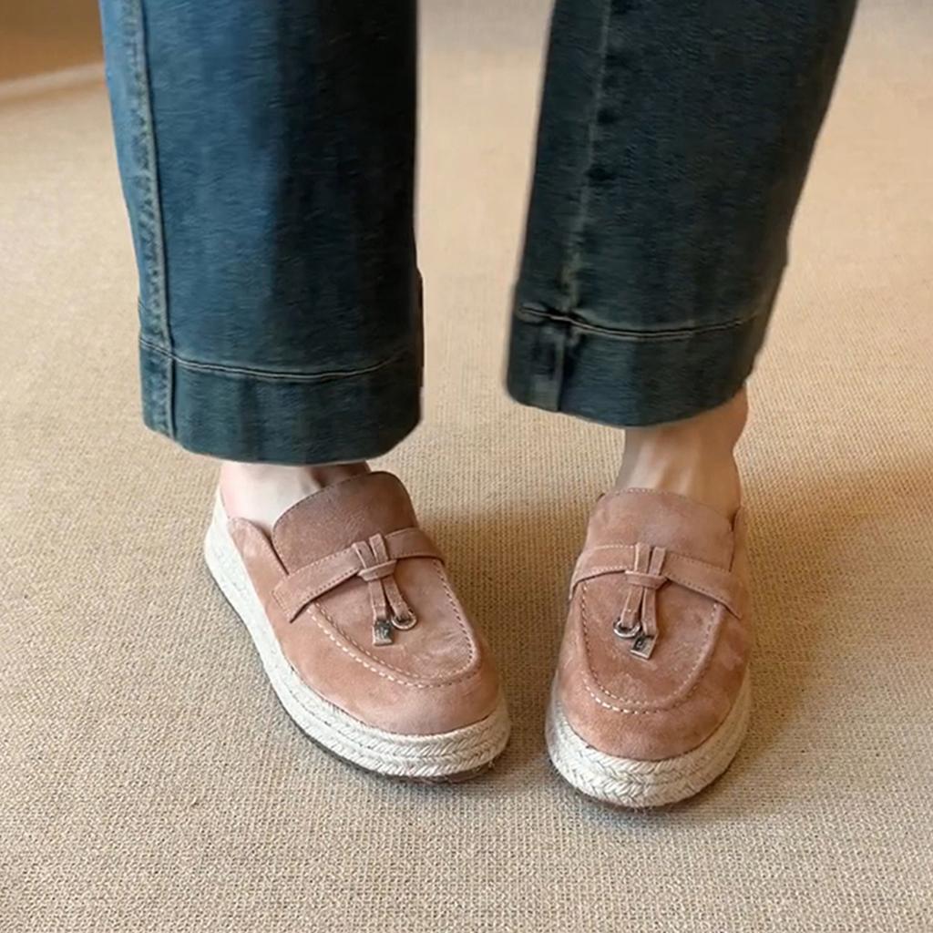 Sheepskin version~ retro thick-soled straw woven one-pedal convenient bag head shoes women's metal lock round head suede half slippers