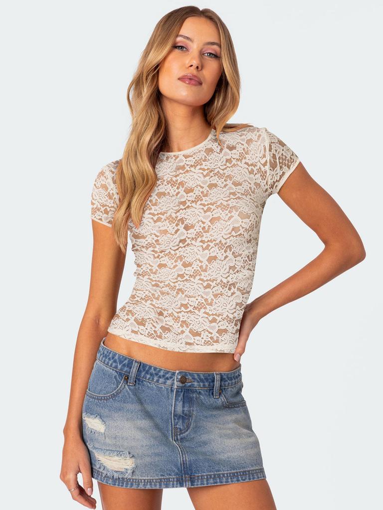 Women's Round Neck Lace Short Sleeve Hollow Out Top