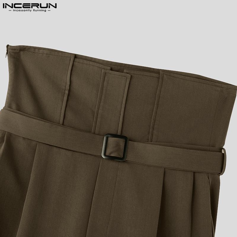 INCERUN Men High Waist Zipper Straight Pants Solid Casual Loose Long Trousers