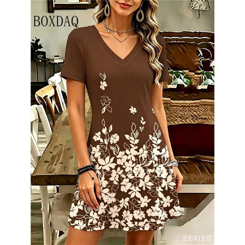 Plus Size Women's Dress Summer Beach Loose Casual A-Line Dress Vintage Boho Floral Printing Short Sleeve V-Neck Dress