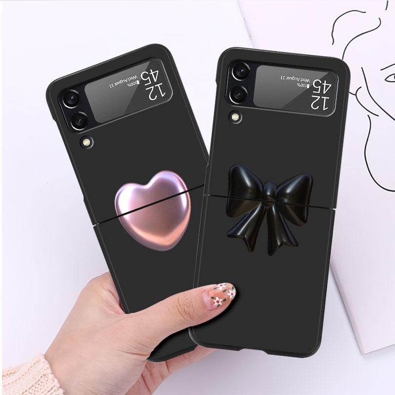 Heart Luxury Case For Samsung Galaxy Z Flip 3 4 5G Funda ZFlip 3 Black PC Hard Back Phone Capas