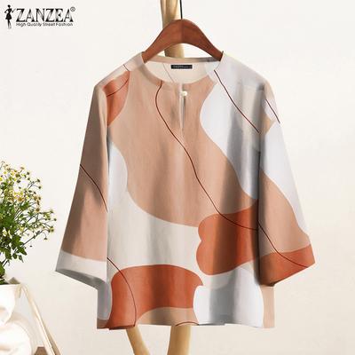 Blusa feminina casual com estampa geométrica solta e manga 3/4