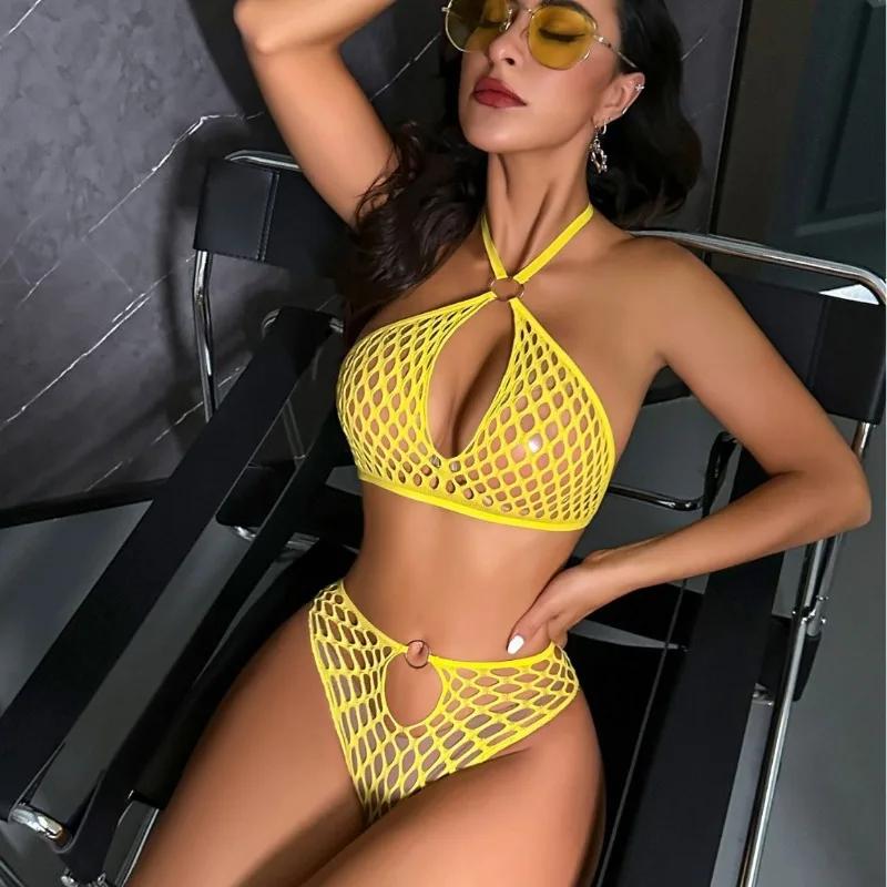 Sexy Mesh Two-piece Set with Hollowed Out Perspective Iron Rings Hanging Neck Straps Bikini Lingerie and Fishing Net Suit