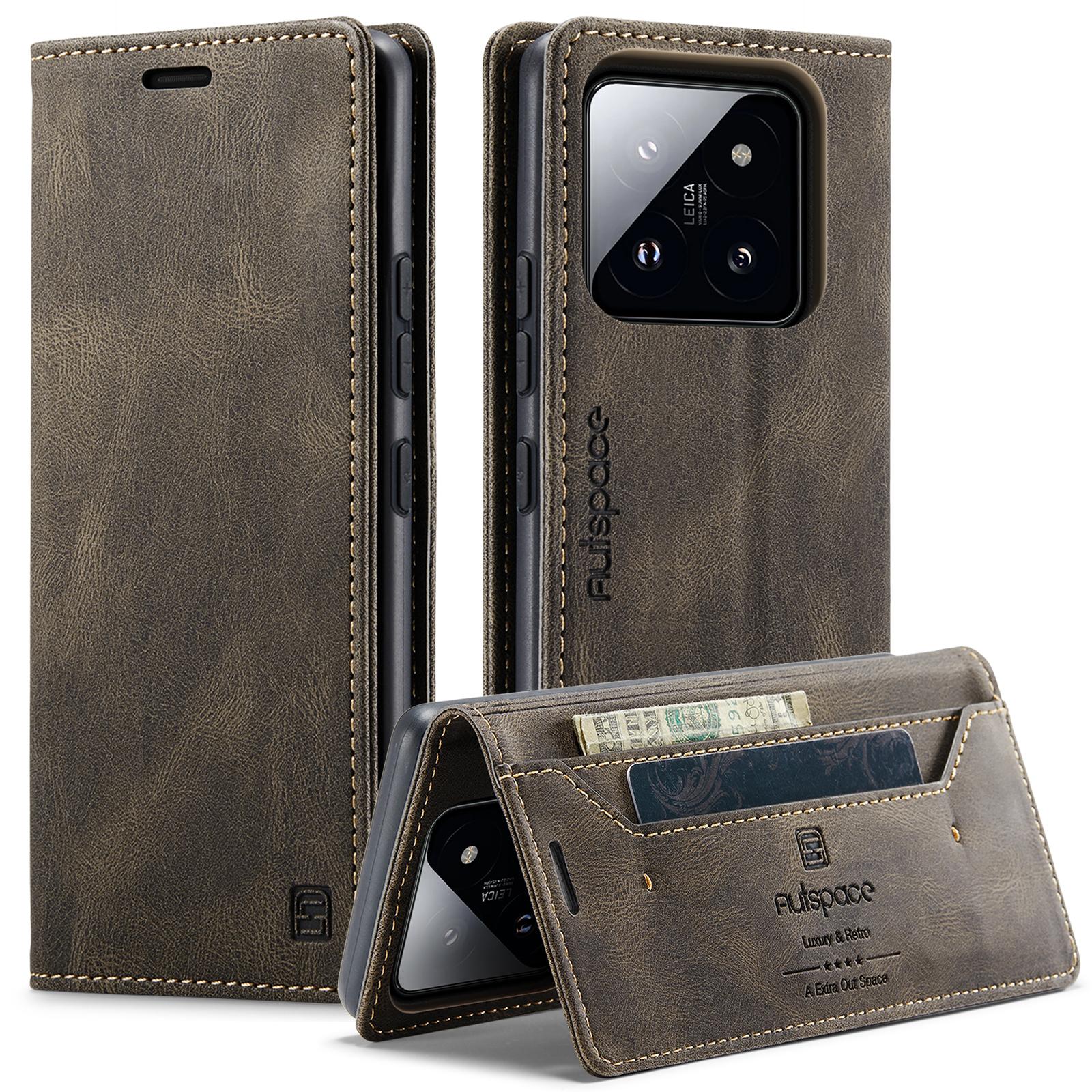 

Для Xiaomi 14 Чехол-кошелек AUTSPACE A01 Кожаная подставка-обложка с держателем для карт с RFID-блокировкой Coffee