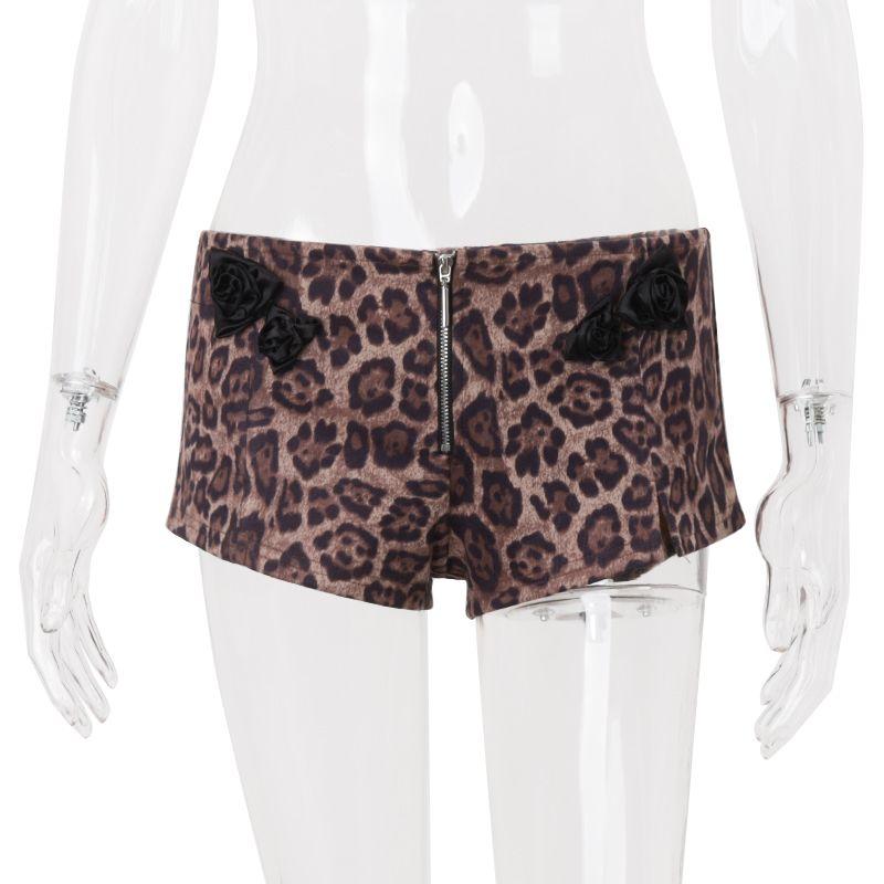 

Western Style Design Sense Three-Dimensional Flower Leopard Print Low Waist Shorts Women Autumn Niche Sexy Slim fit Sheath All-Matching Shorts Color S
