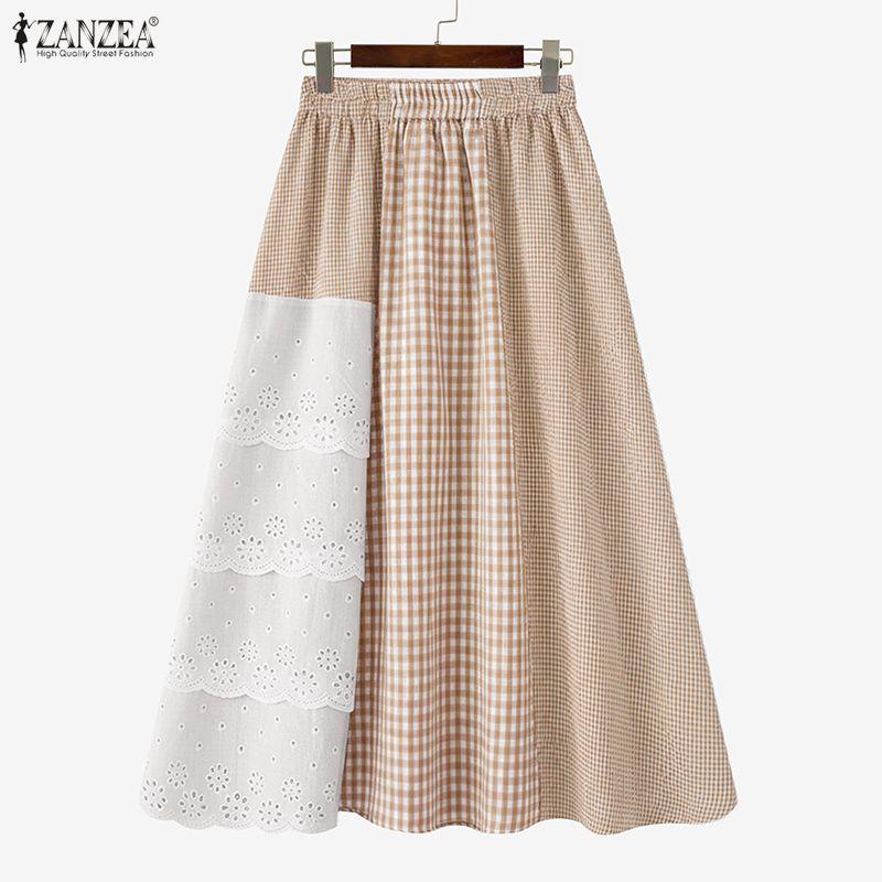 ZANZEA Γυναικείες Καθημερινές Δαντελωτές Κροσέ Πατςγουόρκ Φαρδιές Πλαϊνές Πλακέ Φούστες
