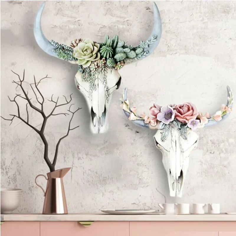 Cow Skull Wall Pendant Succulents/Flower Rose Resin Miniature Home Garden Decorations Animal Figurines Crafts Sculpture