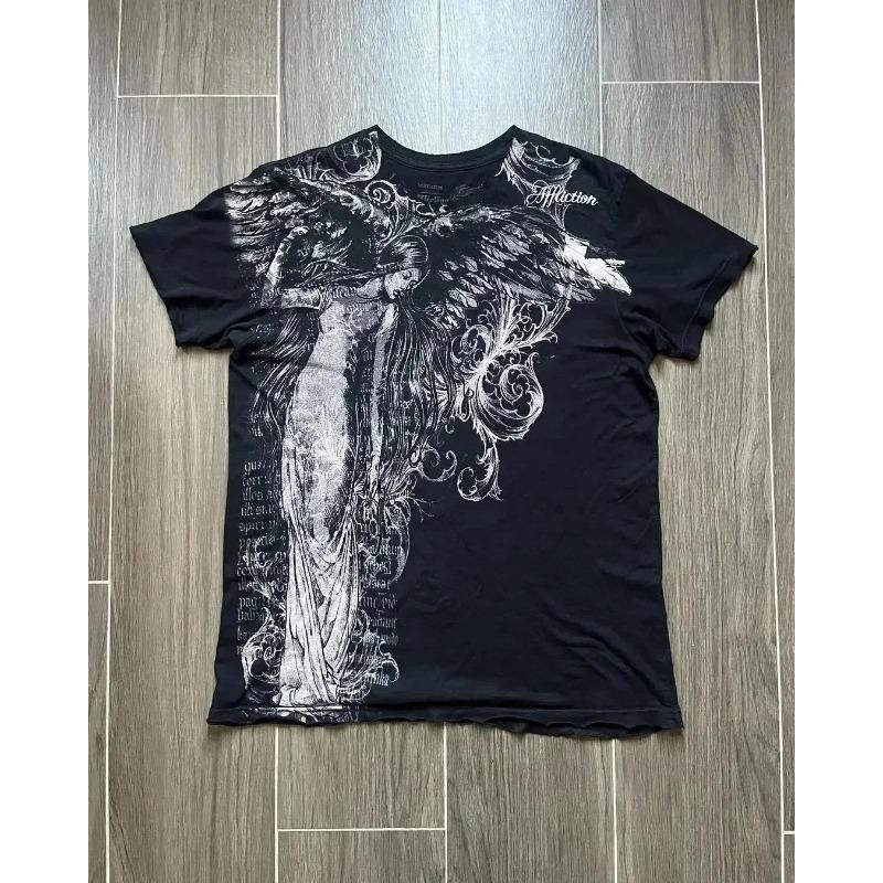 Y2K Red Gothic Thorn Totem Printing Harajuku Style T Shirt High Street Broken Feeling Mens Short Sleeves Couple Collocation