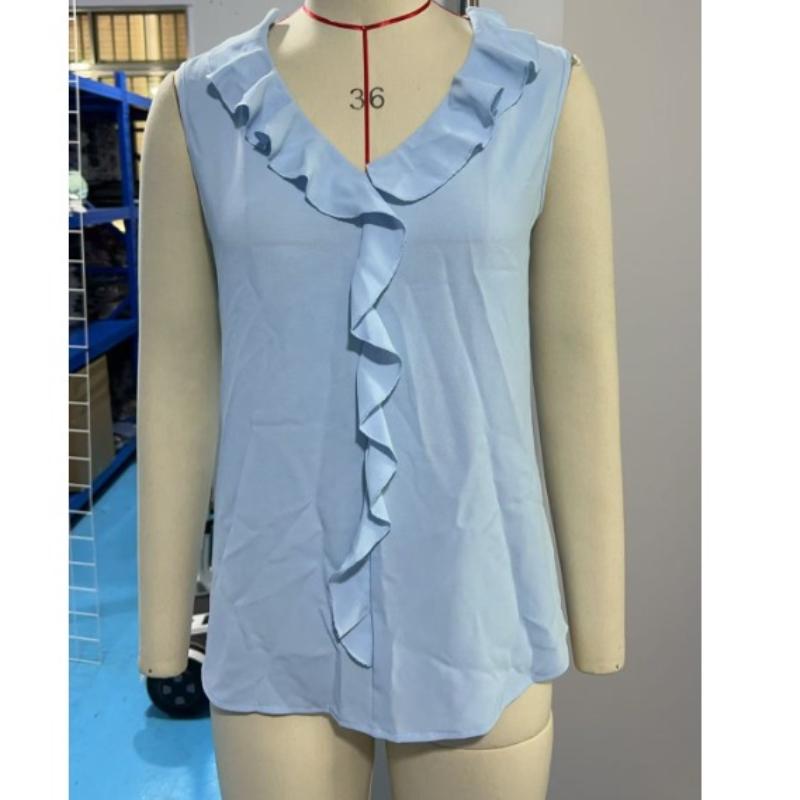 Chiffon Sleeveless V-neck Top with Pleated Ruffle Hem Loose Fitting Women's Blouses & Shirts