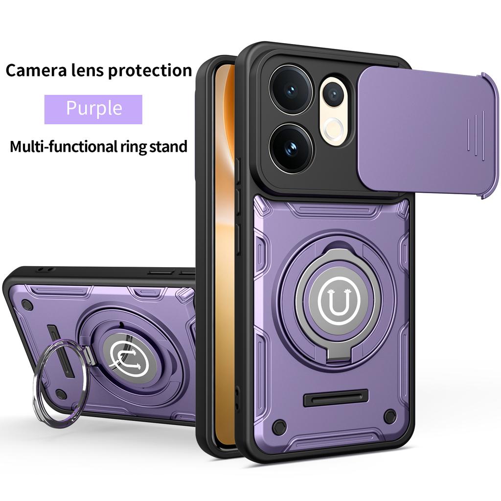 Anti-slip Armor Shockproof Case For VIVO V60 5G V2511 Slide Camera Lens Protection Rotating Ring Stand TPU Plastic Phone Cover