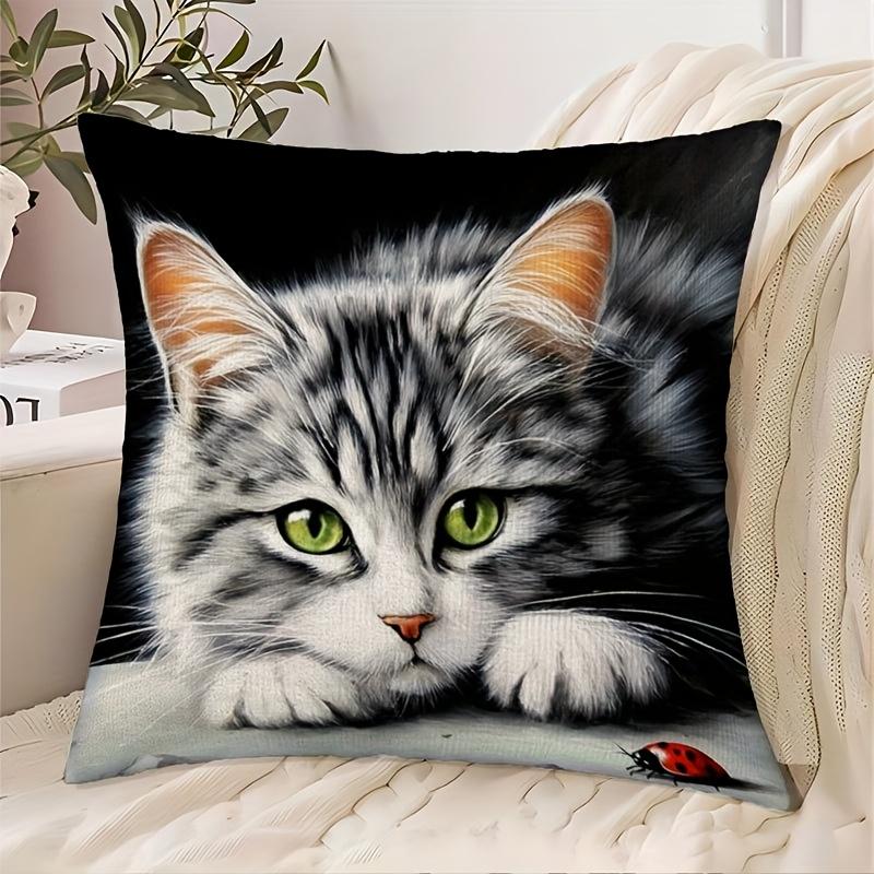 1 Pillowcase, 2D Flat Printing, Single-sided Print, No Pillow Insert, 17.72 X 17.72 Inches (45 X 45cm), Non-real Embroidery, Modern Style, Cat Design