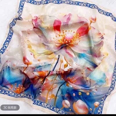 70X70 Frühlings-, Sommer- und Herbst-Quadratisches Tuch Seidentuch Dekoration Pastoral Batik Haarschnitt Blumenschal Kopfbedeckung