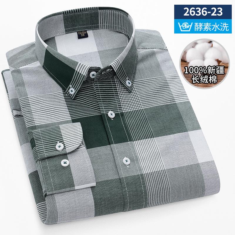 Ny bomullsskjorta för män Oxford Långärmad Randig Casual Business Ficka Rutig Skjorta för Män