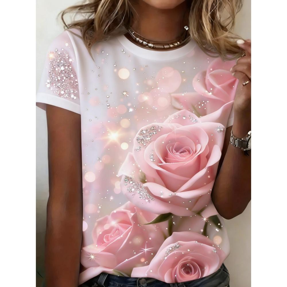 

Ladies Summer Flowers Simple Rose Printed Large Loose Casual T-shirt Fashionable Comfortable Soft Breathable Short Sleeved T-shirt 6XL рожевий