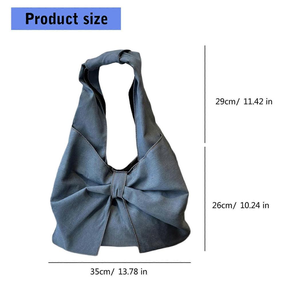 Japanese Style Women's Underarm Bag With Bows Decoration Jeans Shoulder Bag Casual Satchel Handbag for Women and Girls Blue