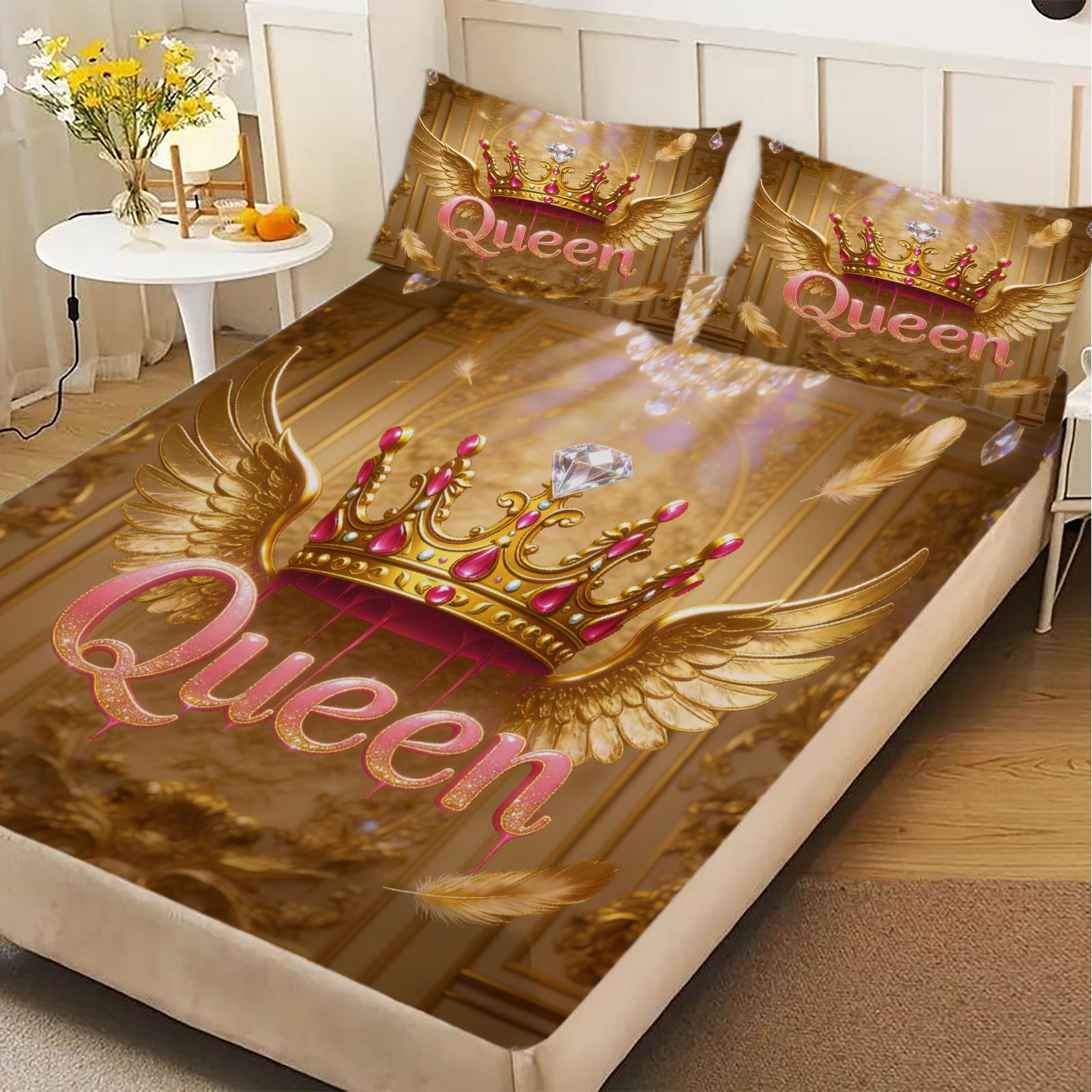 

Queen Crown Wings Fitted Sheet Set Gold Pink Royal Crown And Wings Print With Queen Text Bedroom Decor 99x190x25cm